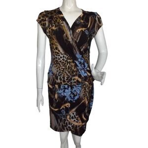 new CACHE Dress, M, Faux Wrap, Cap Sleeve, Leopard/Baroque/Lux print, Pullover